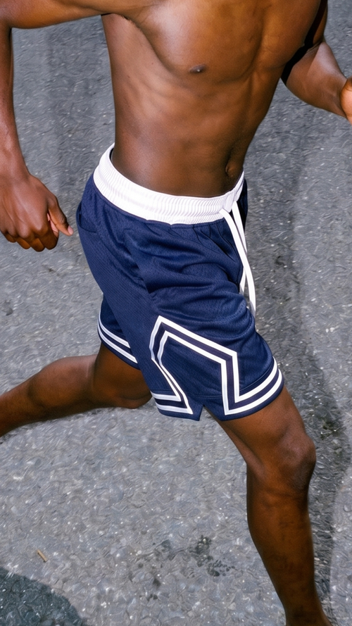 Short Bleu Royal JOJO porté en course sur terrain de basket